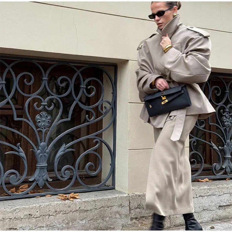 Elegant Lapel Lace-Up Overcoat