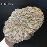 Gold Metal Leaves White Crystals Evening Clutch Bags Luxury Women Wedding Party Purse Ball Handbags Rhinestone Mini Shell Bag