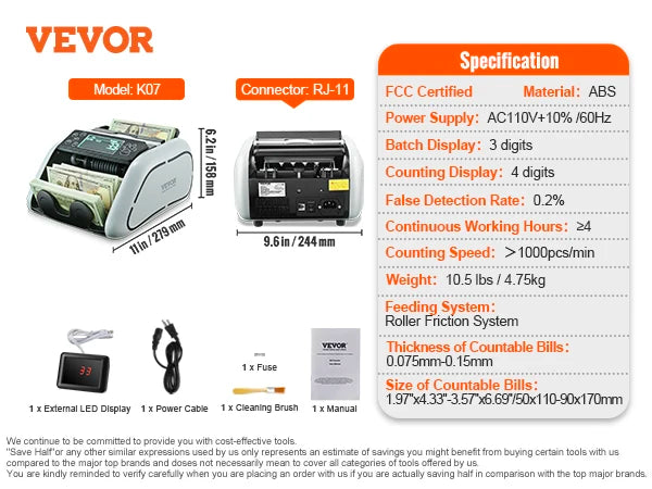 SucceBuy 1000 Pcs/Min Money Counter Business Cash Register Bill Counterfeit Bill Detector by UV/MG/IR/DD Function for Bank Store