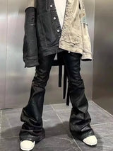 Black Waxed Leather Stretch Flare Jeans