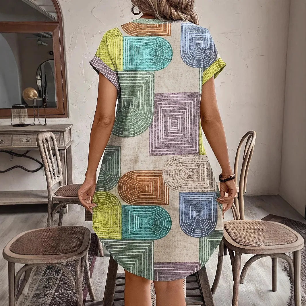 Geometric Print V-Neck Sun Dress