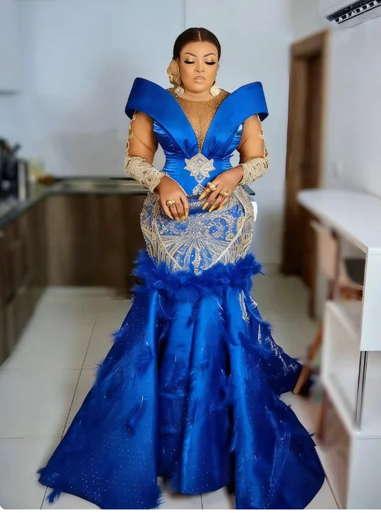 Mermaid Evening Gown | Crystals, Feathers & Beading