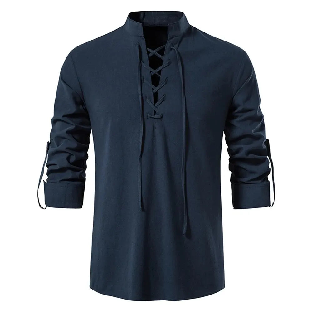 King Billion Men's Shirts Casual Men Cotton Linen Long Sleeve T-shirt Spring Autumn Vintage Shirt US Size Drawstring Neck