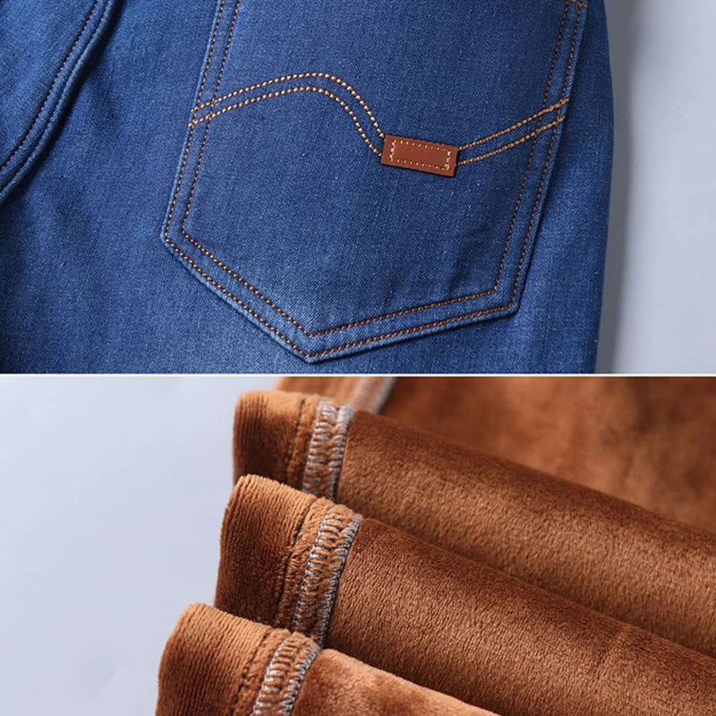 Men Winter Snow Warm Plush  Loose Minimalist Jeans Male Fleece Lined ThickenedStraight Denim Pants Slim Fit Elasticity Trousers