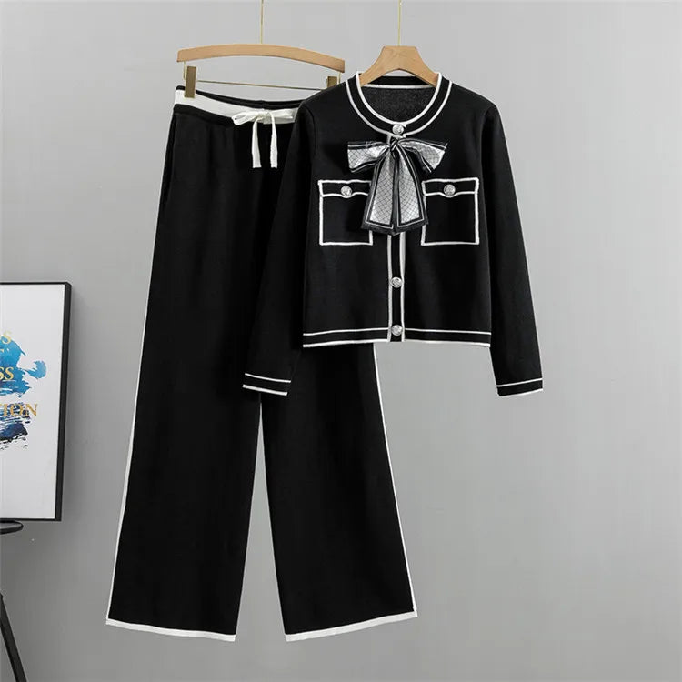 Autumn Women’s Elegant 2-Piece Pleated Set – Knit Bowknot Top & Wide Leg Pants