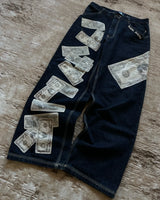 Harajuku Money Print Streetwear Jeans High Waist Wide Trouser Black Pants Streetwear Men Hip Hop Women Embroider Y2k Baggy Jeans