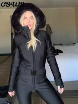 Elegant Faux Fur Hooded Women's Ski Jumpsuit