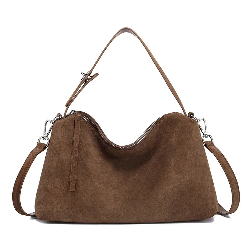 Russian Women's Genuine Suede Cowhide Leather Shoulder Bag Retro Frosted Cow Large Capacity Versatile Commuting Luxury Designer