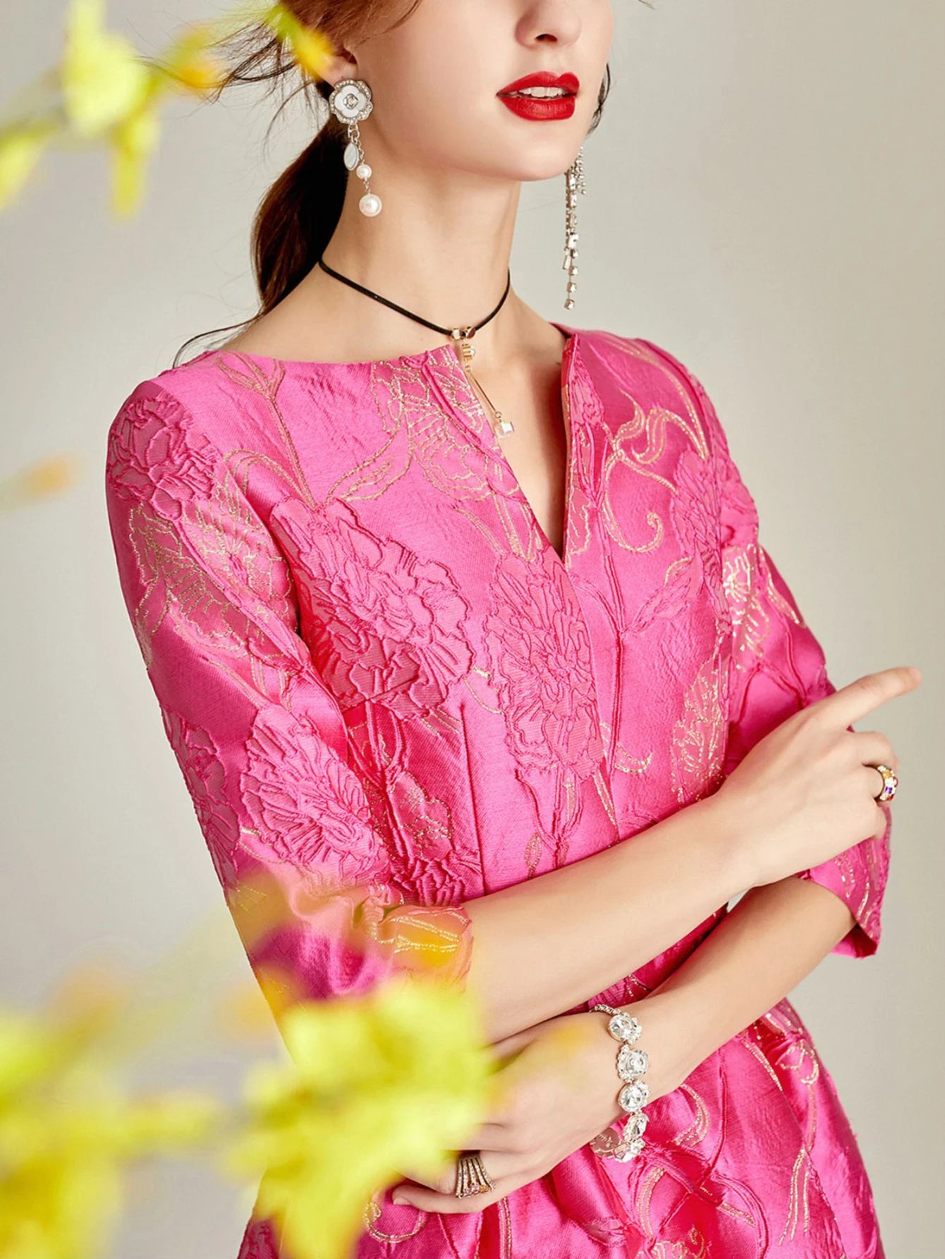 Women's Rose Jacquard V-Neck A-Line Party Dress
