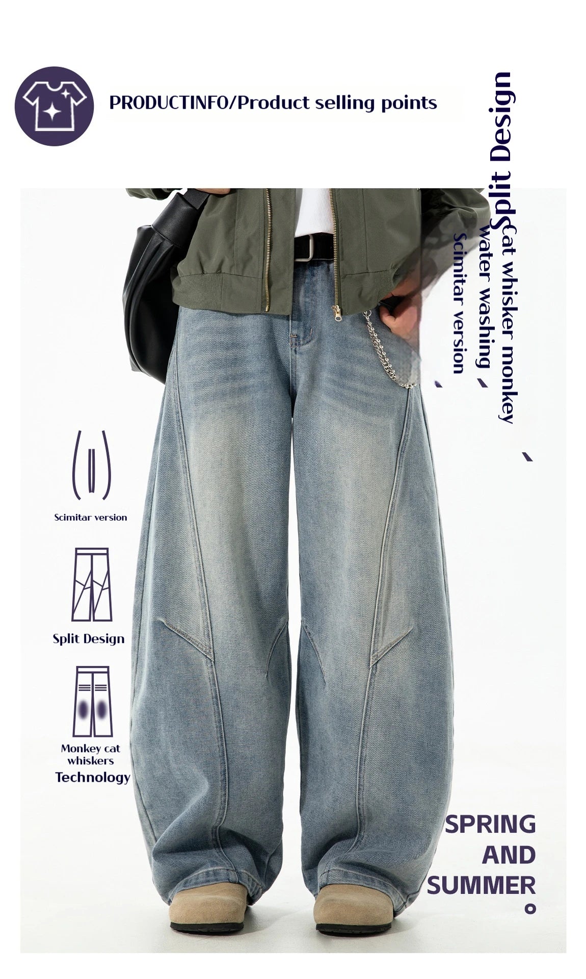 Autumn Retro Structured Split Washed Distressed Curved Jeans with Men's Silhouette Loose Straight Leg Pants Trendy Street Style