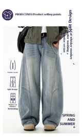 Autumn Retro Structured Split Washed Distressed Curved Jeans with Men's Silhouette Loose Straight Leg Pants Trendy Street Style