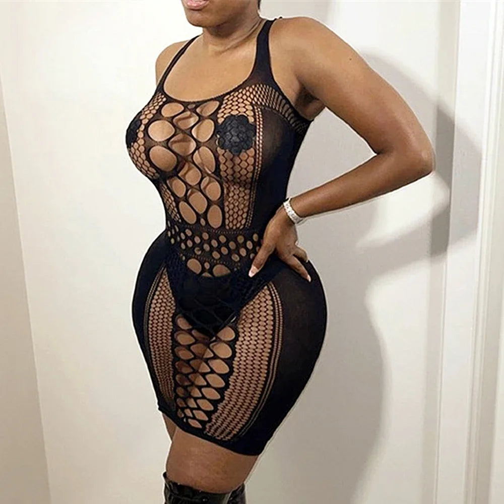 Women's Hollow-Out Mesh Bodycon Mini Dress