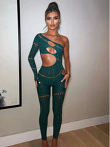 Women's Rhinestone Patchwork Hollow-Out Single Sleeve Jumpsuit