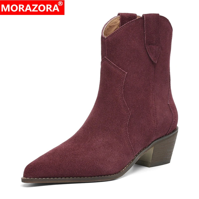 MORAZORA Size 34-44 Cow Suede Leather Western Boots Women Autumn Winter Cowboy Boots Handmade Ankle Boots For Women Shoes