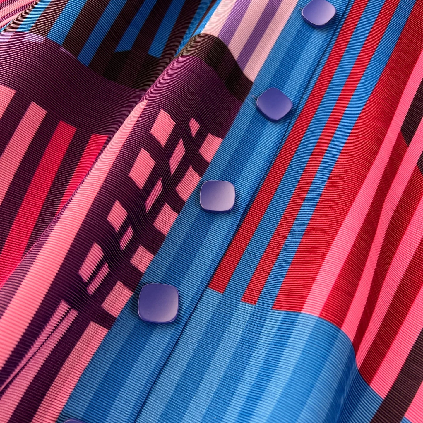 Miyake Pleated Drape Dress – Colorblock Print, 3/4 Sleeve