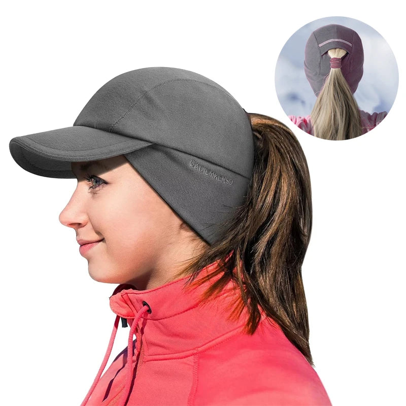Women's Fleece Ponytail Hat with Ear Warmers & Reflective Cap