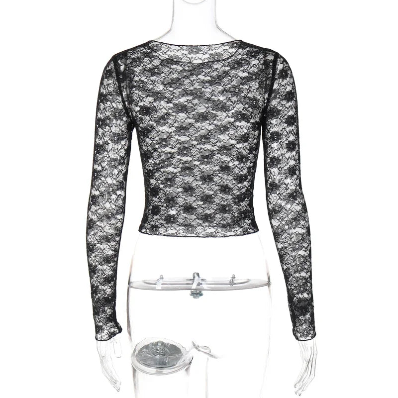 Elegant Sheer Lace Long Sleeve Crop Top