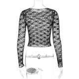 Elegant Sheer Lace Long Sleeve Crop Top