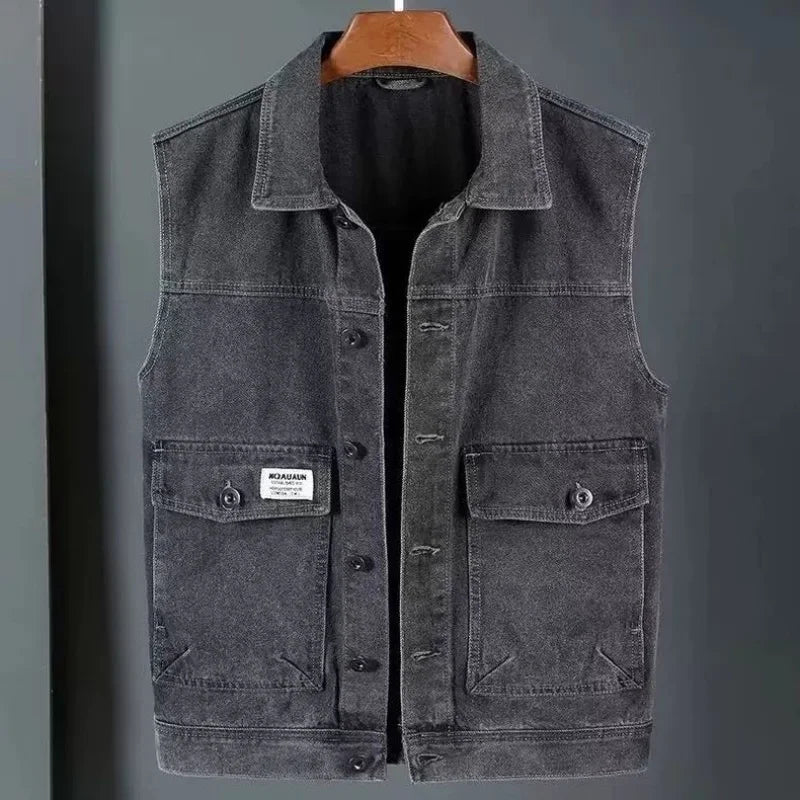 Vintage Denim Vest – Men's Relaxed Fit Sleeveless Jacket
