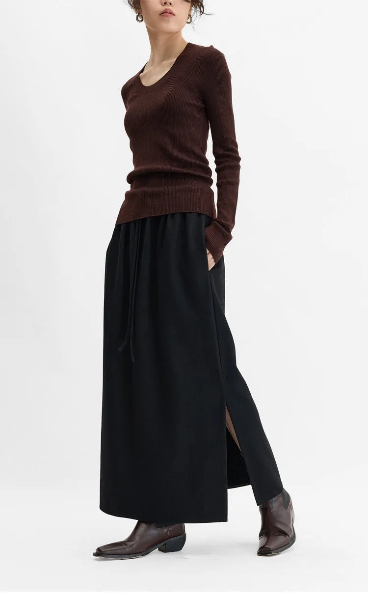 Elegant 100% Wool Elastic-Waist Skirt
