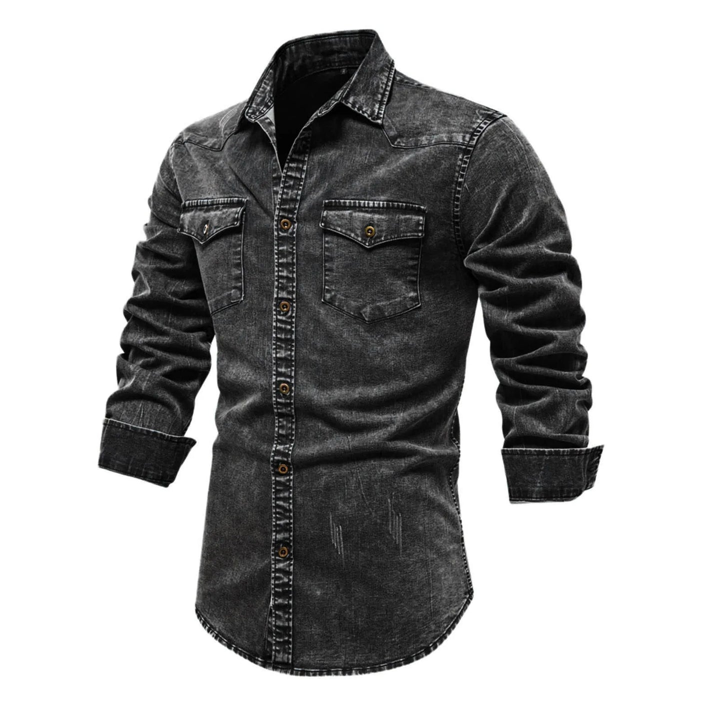 Curled Edge Sleeves Denim Shirts Men'S Slim Fitted Washed Classic Slim With Pocket Jeans Long Sleeve Shirt Camisa De Hombre