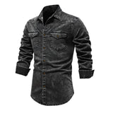Curled Edge Sleeves Denim Shirts Men'S Slim Fitted Washed Classic Slim With Pocket Jeans Long Sleeve Shirt Camisa De Hombre