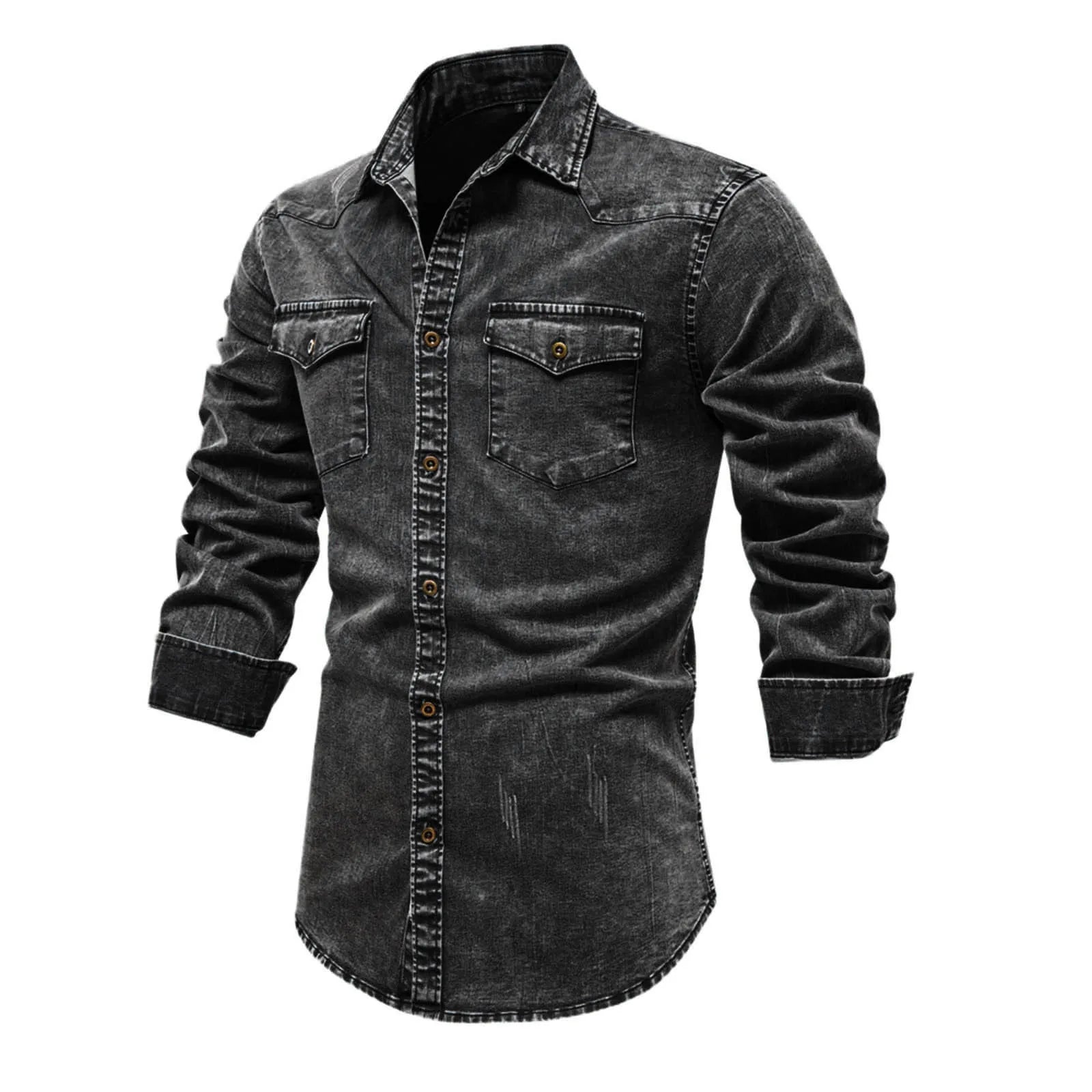 Curled Edge Sleeves Denim Shirts Men'S Slim Fitted Washed Classic Slim With Pocket Jeans Long Sleeve Shirt Camisa De Hombre