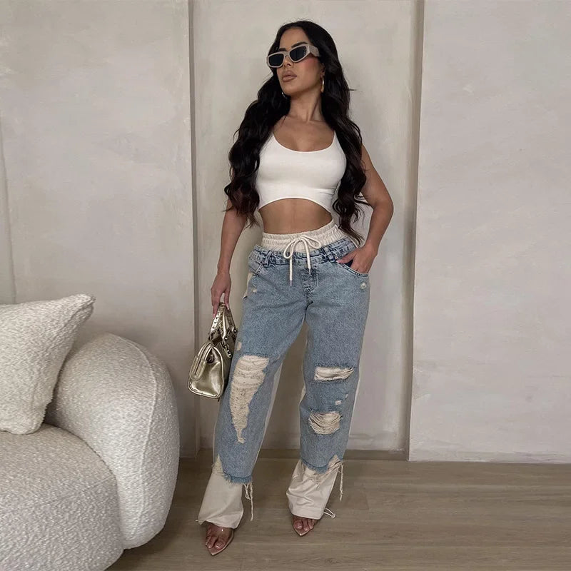 Women’s Casual Patchwork Drawstring Jeans