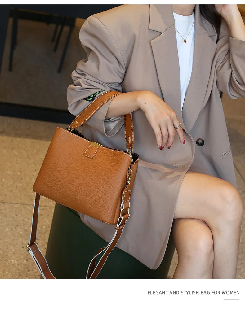 Women's Genuine Leather Handbag Luxury Bucket Style Casual Lady Fashion Shoulder Crossbody Messenger Bag for Girls 2025 Hot Sale