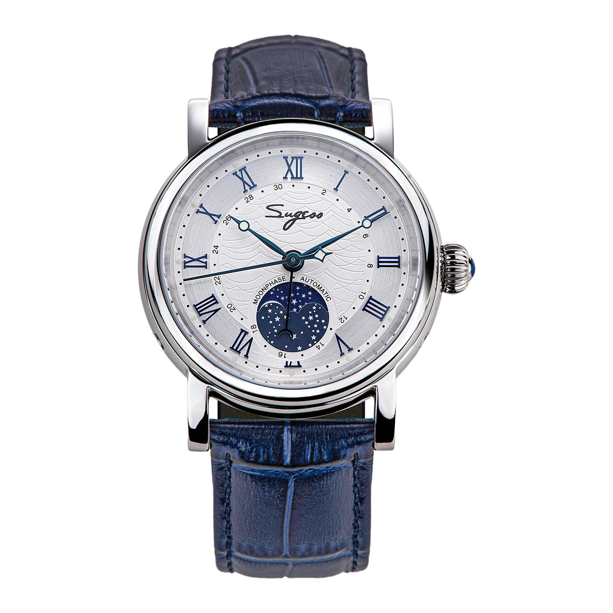 Sugess Watches for Men Automatic Mechanical Watch Moonphase Tianjin ST2108 Waterproof Date Hands Sapphire Crystal Rome Wave Dial