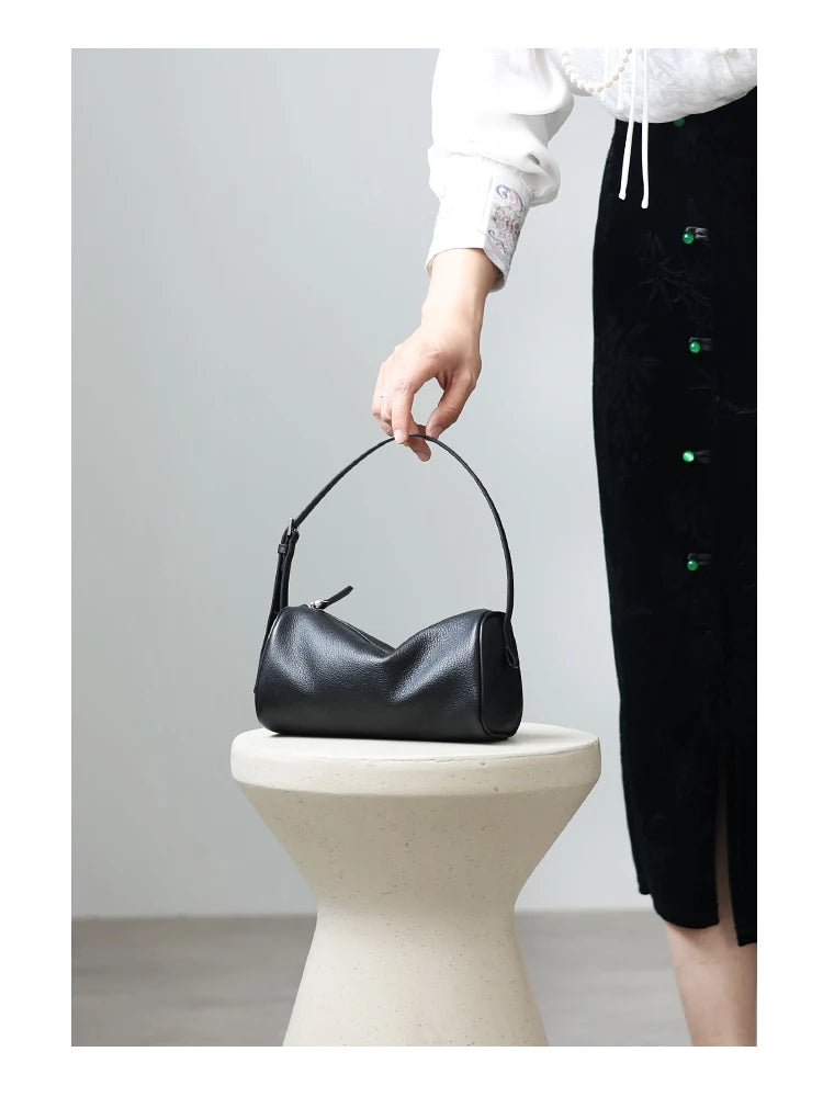 Full Grain Leather Soft Balck Small Size Crossbody Bags For Women Luxury Adjustable Shoulder Strap Underarm Bag Portable Handbag