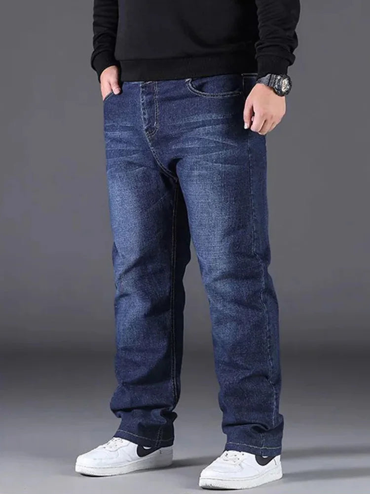 Plus Size Men's Jeans 10XL(160kg) Straight Leg Stretch Denim Pants For 160KG Heavyweight Blue/Black Big & Tall Casual Trousers
