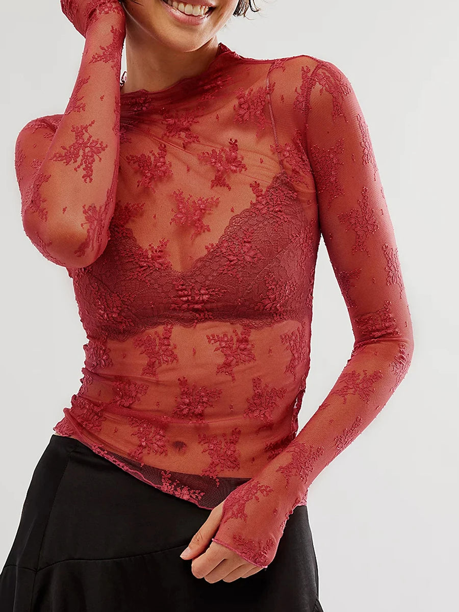 Floral Lace Sheer Mesh Long Sleeve Top