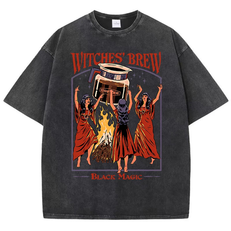 Witches Brew Coffee Black Magic Washed Retro Snow Mens T Shirt Summer Clothes Casual Tee Clothes T-Shirt Cotton Breathable Tops