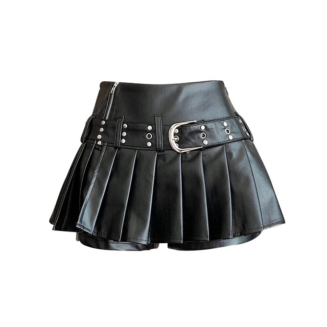 Women's Black Gothic Pleated Faux Leather Mini Skirt