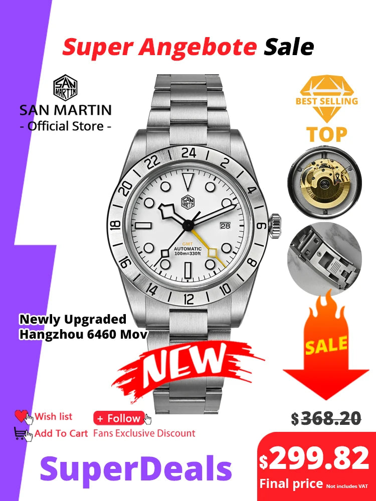 San Martin Upgraded 38.3mm BB GMT Hangzhou 6460 Men Automatic Mechanical Watches Sport Sapphire Luminous Waterproof 100m SN0054