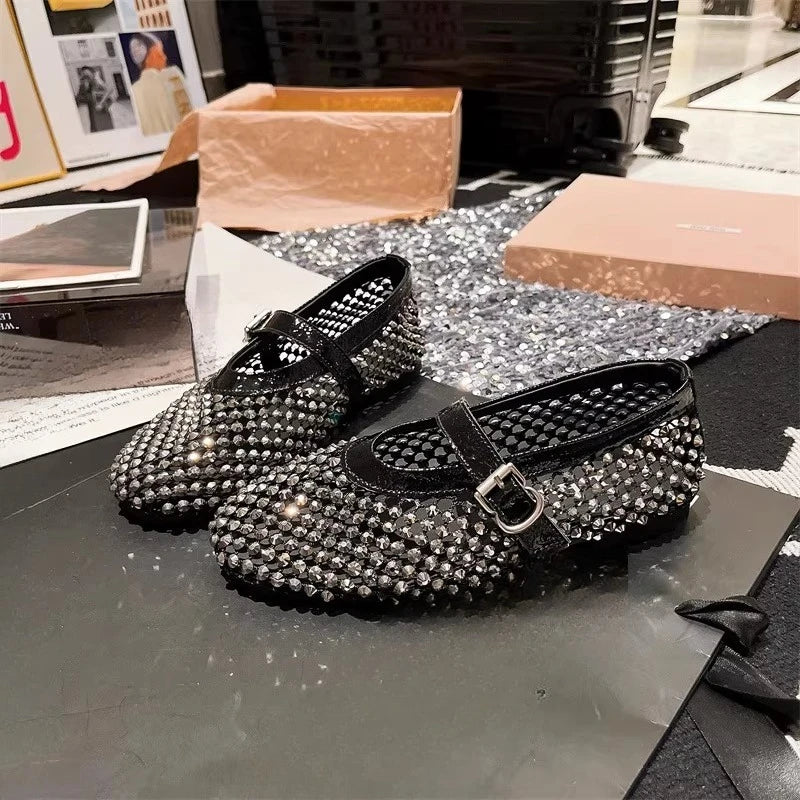 Rhinestone Mary Jane Mesh Ballet Flats