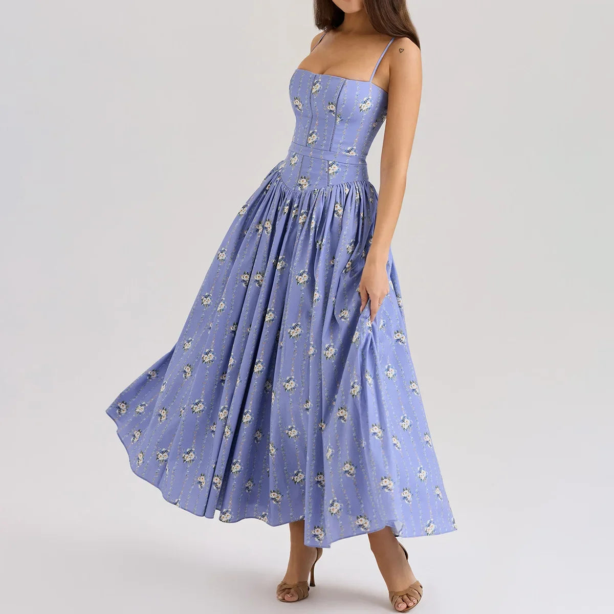 Floral Print Spaghetti Strap Midi Sundress - Elegant Boho Chic Summer Beach Dress