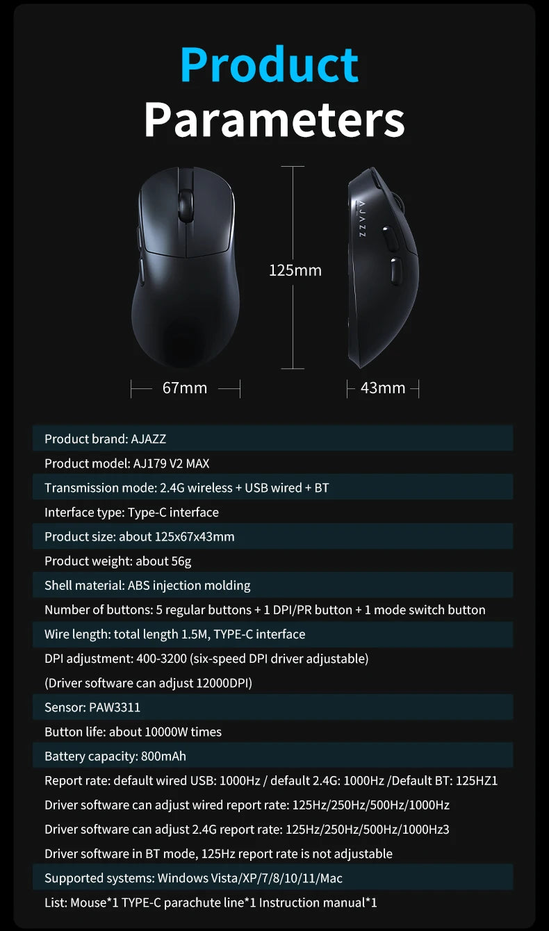 AJAZZ AJ179 V2 MAX Wireless Gaming E-Sport 1K Polling Rate Lightweight Design Ergonomic PAW3311 Sensor