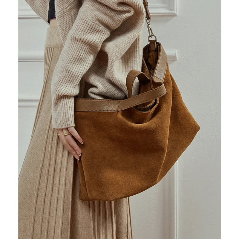 BURMINSA Genuine Suede Leather Hobo Bags Women Vintage Designer Large Shoulder Crossbody Tote Slouchy Soft Office Work Handbags