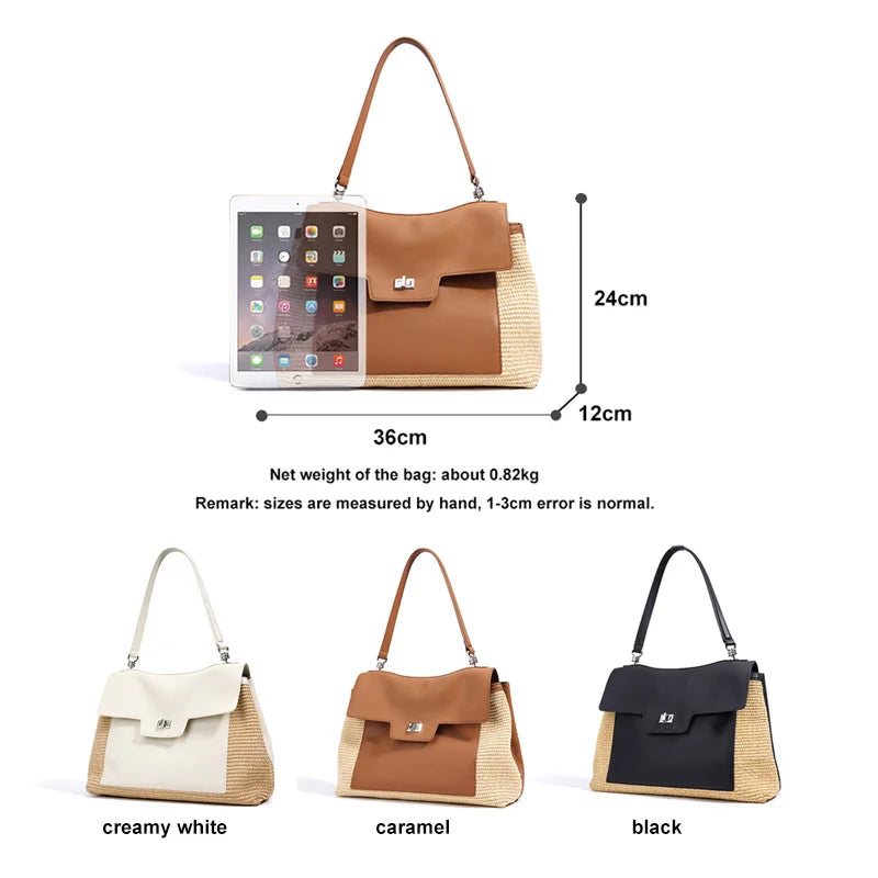 Summer 2026 Women's Raffia Woven Tote Bag Split Leather Crossbody Straw Messenger Bag Grass Weaving Shoulder Bag for Ladies New
