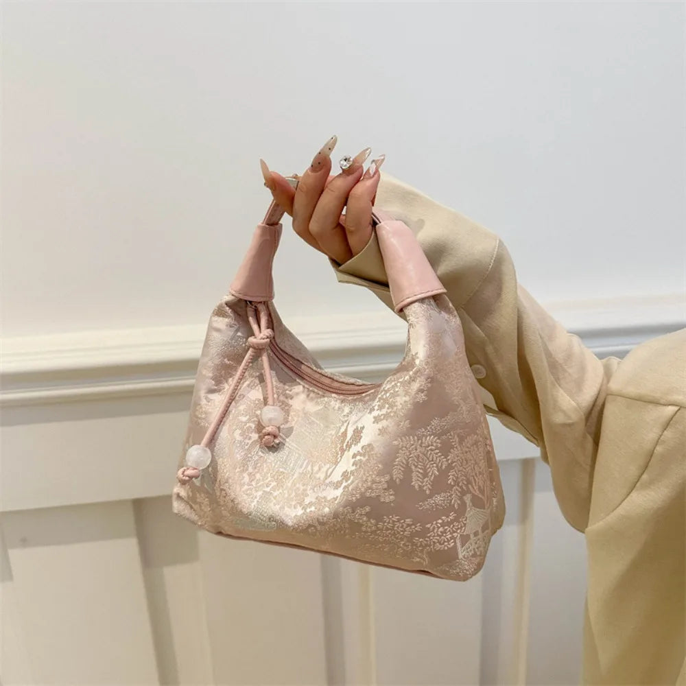 Luxury Embroidery Shoulder Bag Nylon Texture Small Armpit Bag Pearl Pendant Bucket Handbag Women Girl