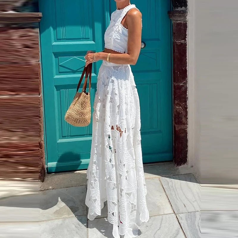 Elegant Boho Lace Embroidery 2-Piece Set | Sleeveless Crop Top & Maxi Skirt
