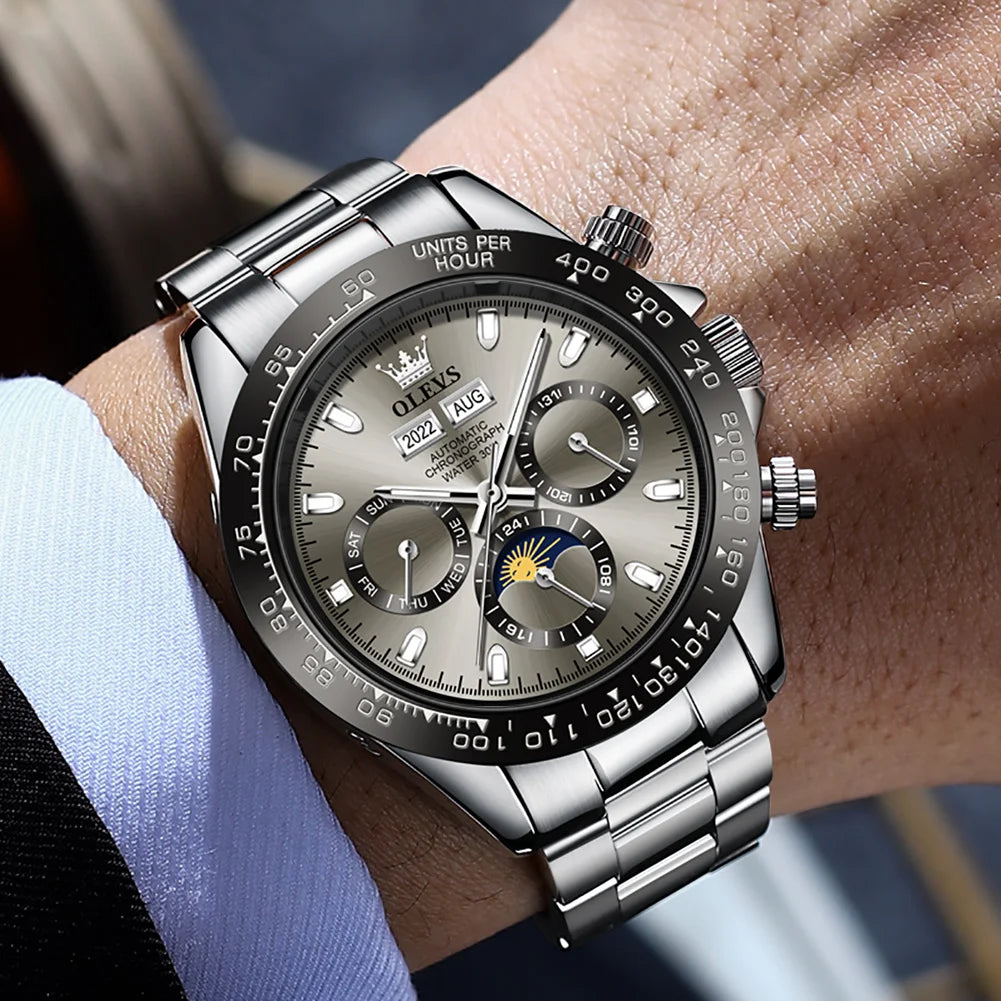 OLEVS 6654 Luxury Mens Watch Chronograph Automatic Mechanical Wristwatch Waterproof Luminous Top Brand Watch for Man Date Sport