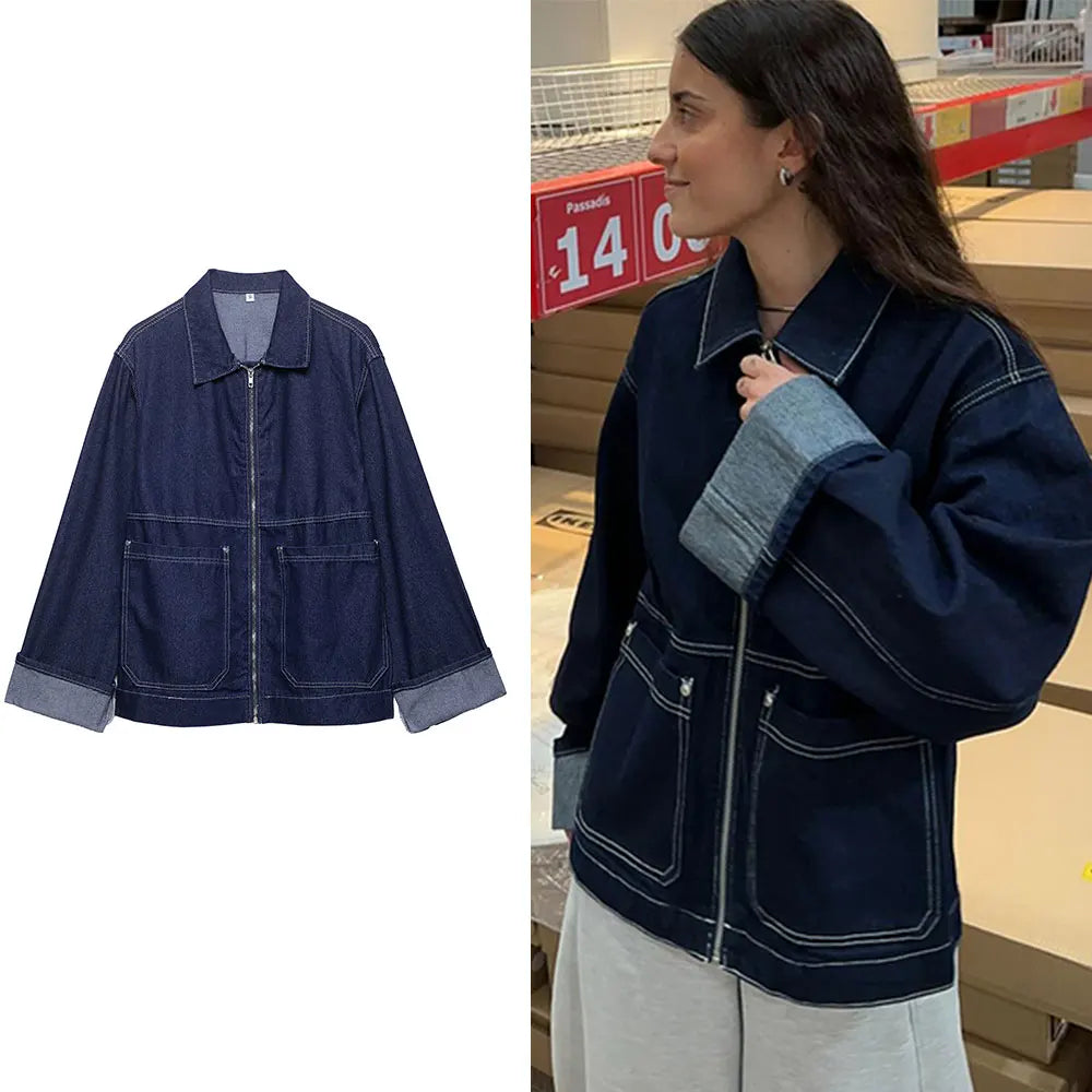 Chic Blue Denim Jacket – USA-Made Casual Lapel Outerwear with Pockets