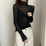 Women’s Floral Lace Mesh Mock Neck Long Sleeve Top