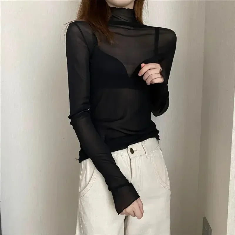 Women’s Floral Lace Mesh Mock Neck Long Sleeve Top