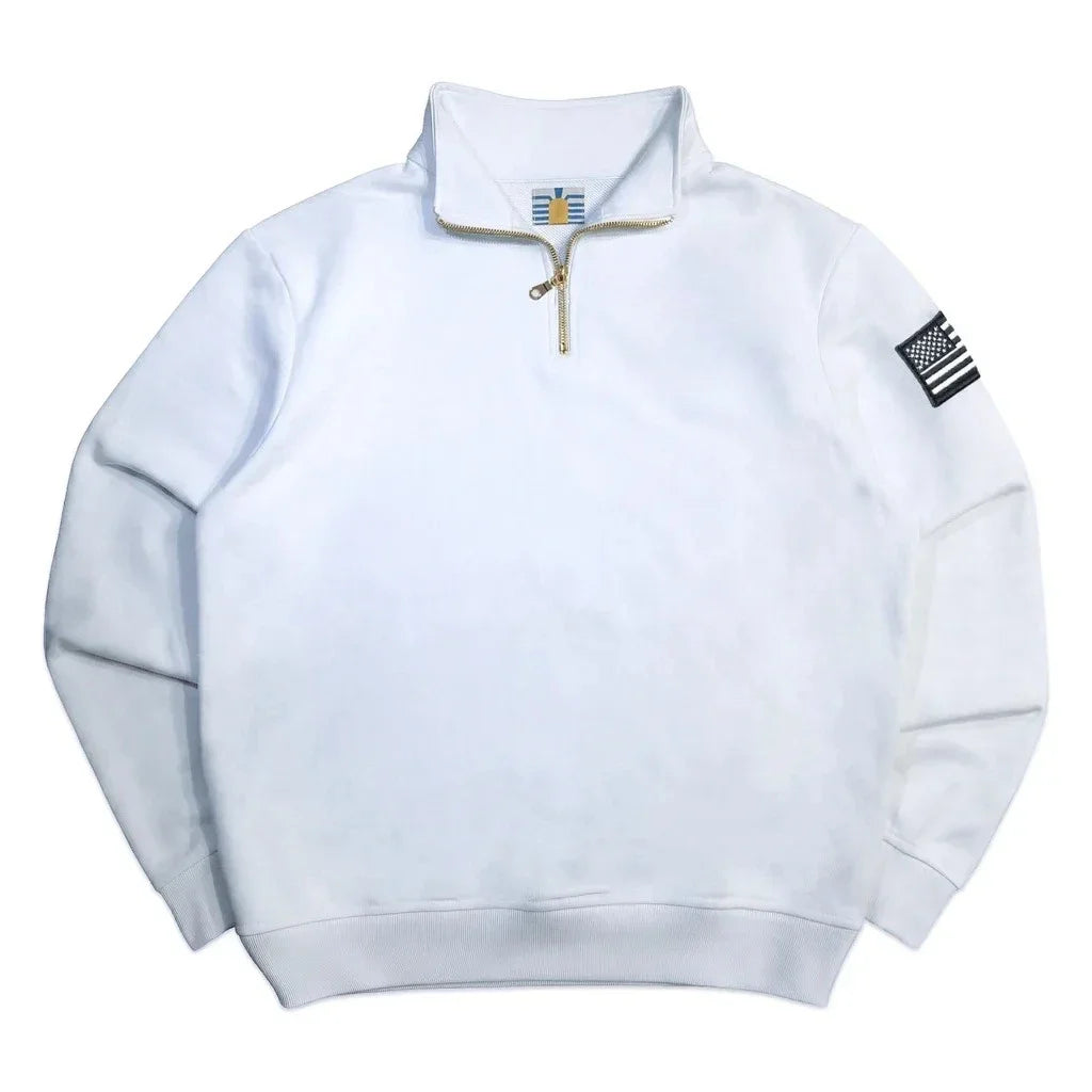 Y2K Navy Blue Quarter Zip Sweatshirt USA Embroidered American Flag Patch Jacket Men Women Vintage Streetwear Fashion Trend Top