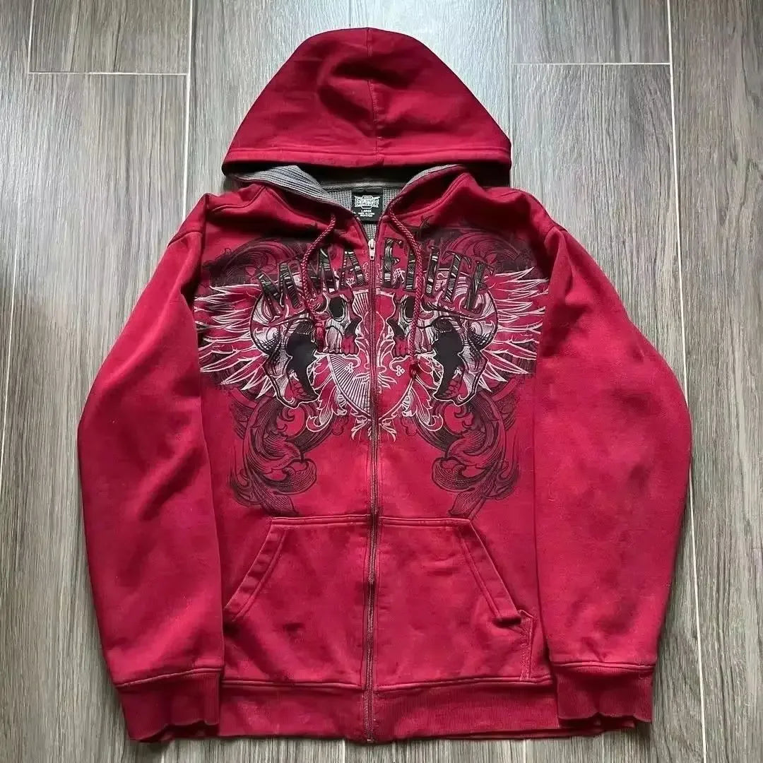 American Retro Printed Zipper Sweatshirt Women's Y2K New Harajuku Hip Hop Goth Casual Joker Long Sleeve Zipper Hoodie Streetwear