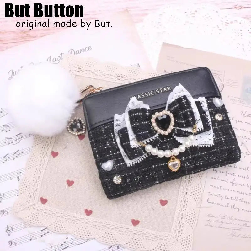 Kawaii Sweet Japanese Lolita Bow Wallet JK Harajuku Y2K Lace Rhinestone Short Wallet Mini Purse Card Holder Women Girls Gift